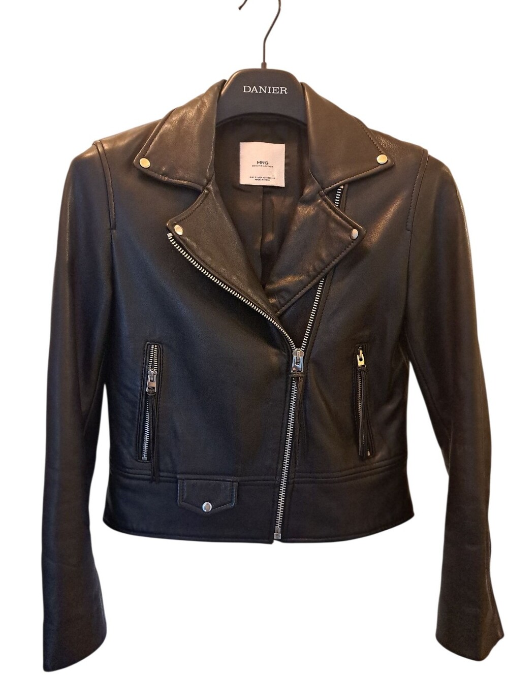 Mango Black Genuine Leather Moto Jacket with Silver Hardware